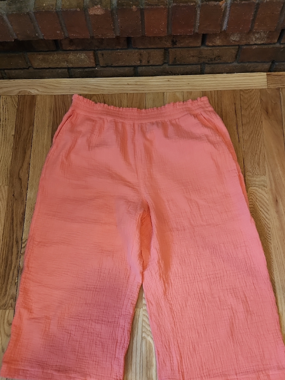 Lands' End Orange Peach Pink Elastic Waist Gauze Pants 100% Cotton Wide Leg Soft